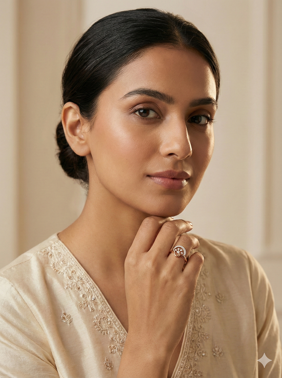The Rose Gold Crescent Floral Diamond Ring
