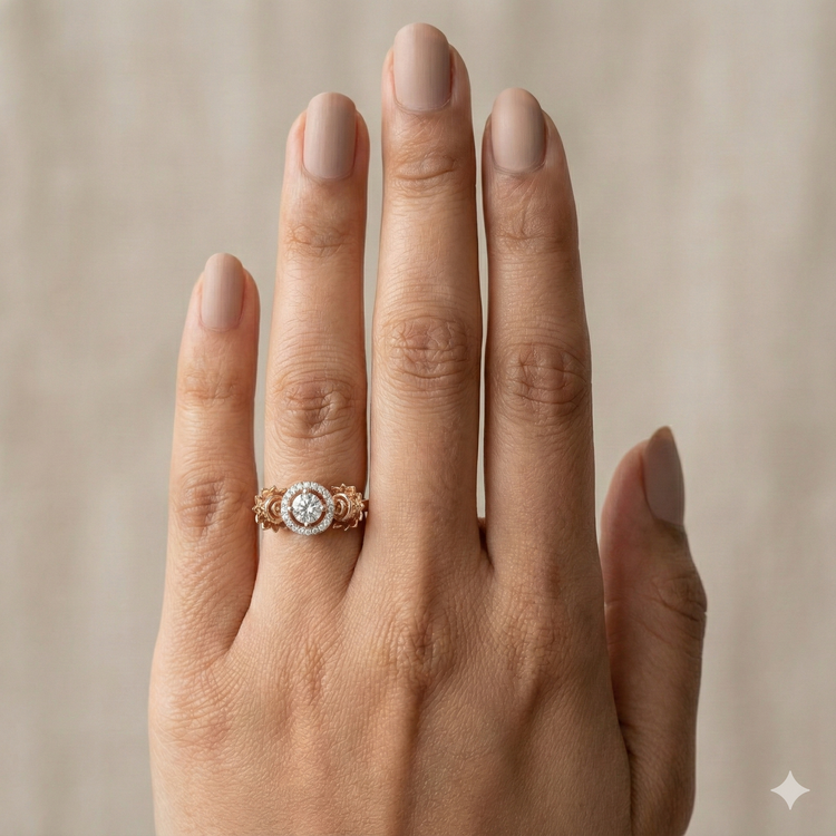 The Rose Gold Sculpted Floral Halo Diamond Ring