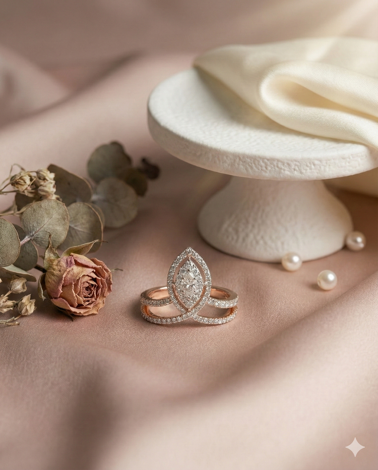 The Rose Gold Marquise Halo Split Band Diamond Ring