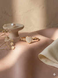 The Rose Gold Pave Heart Diamond Ring with Beaded Band