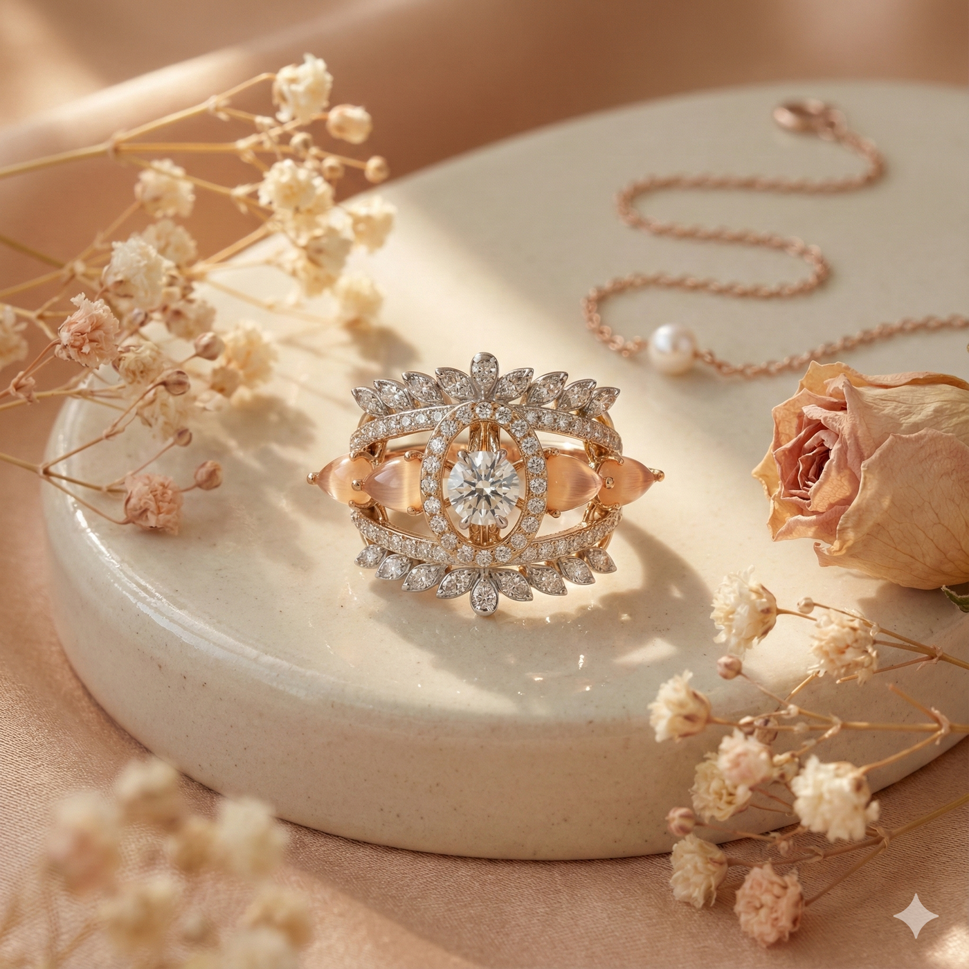 The Royal Peach Cabochon & Diamond Shield Ring