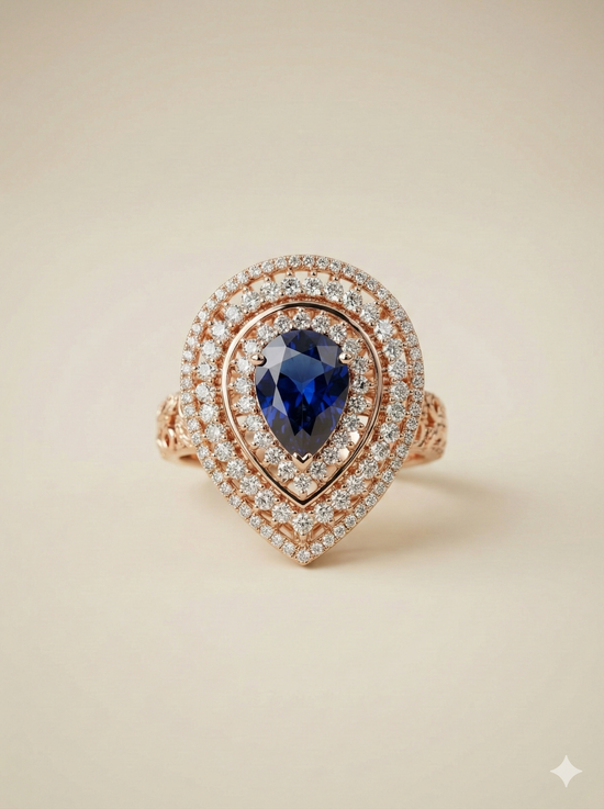 The Royal Blue Sapphire Pear Double Halo Ring