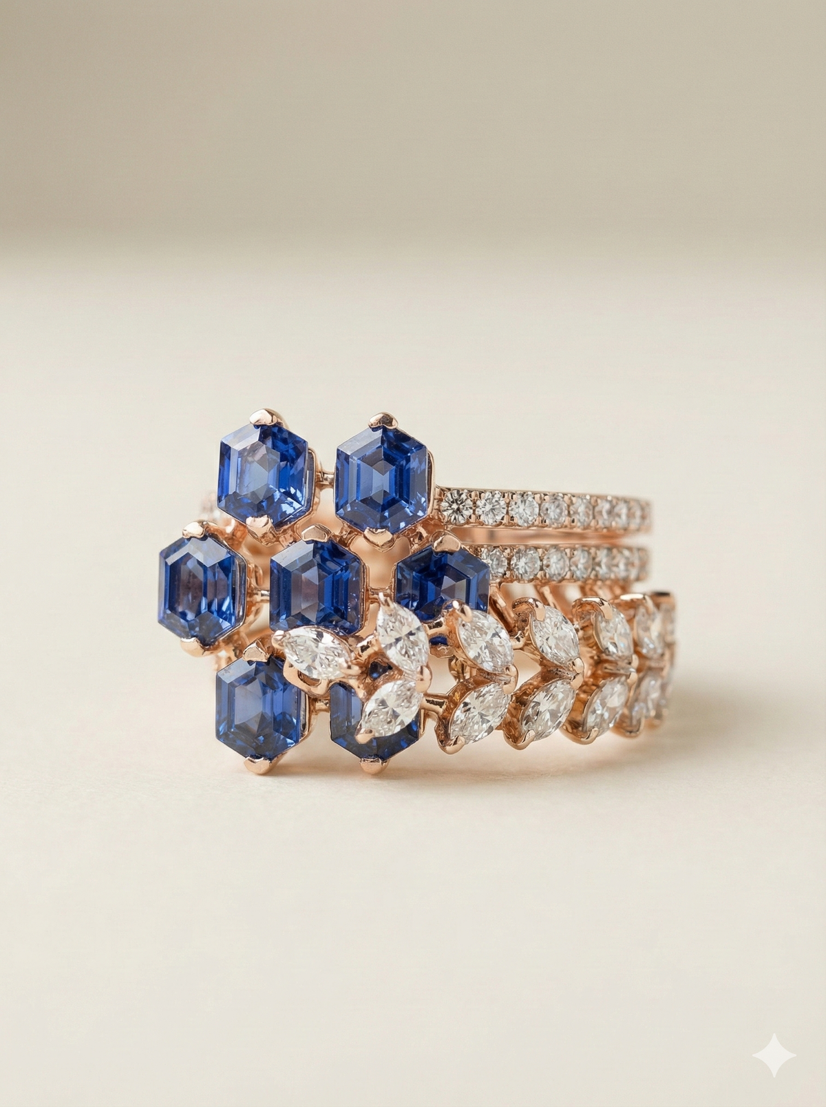 The Geometric Sapphire & Diamond Stack Ring in Rose Gold