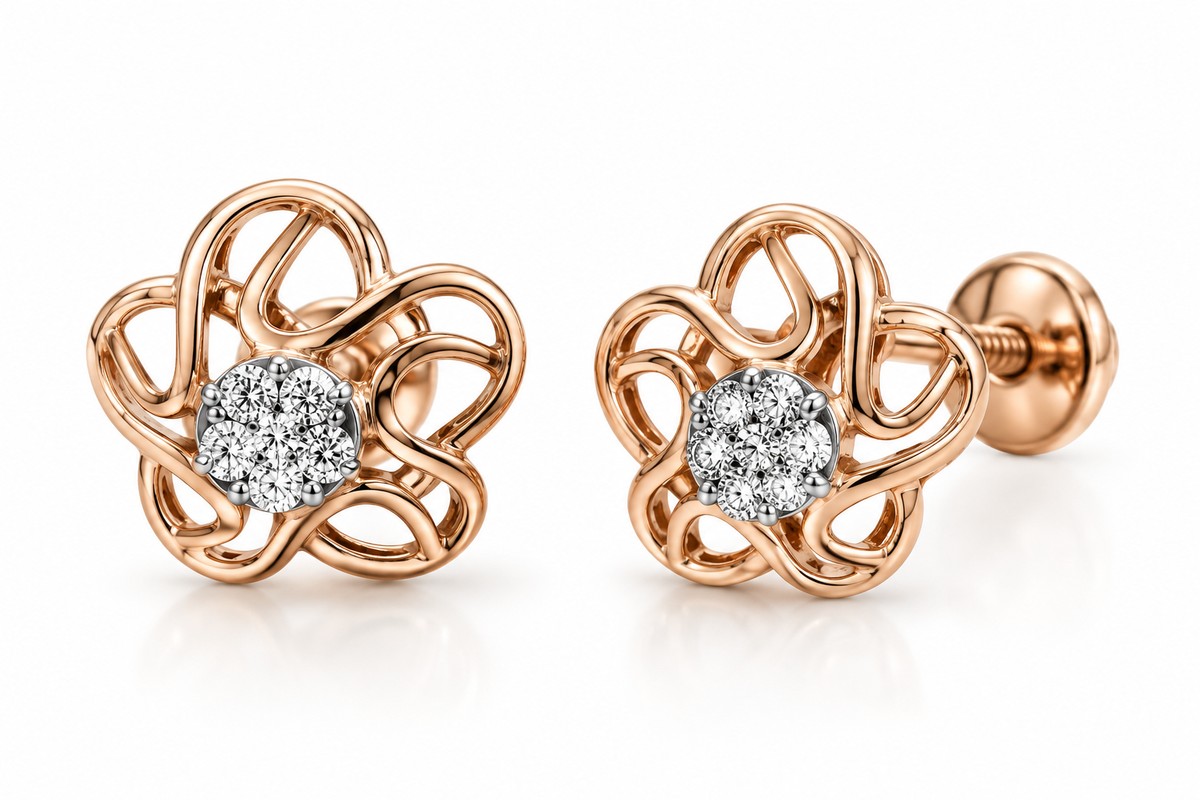 Diamond-Embellished Gold Geometric Stud Earrings for Women in 14KT Gold