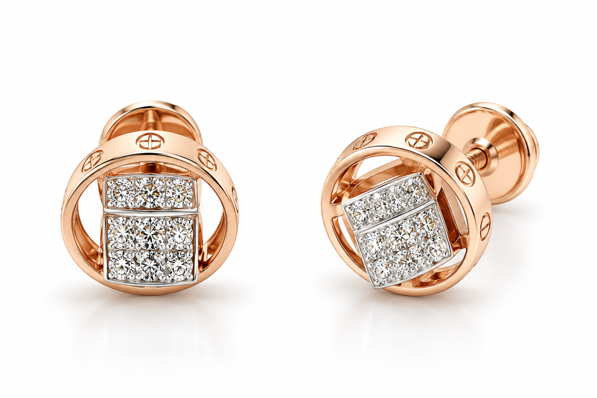 Diamond Halo Gold Textured Stud Earrings for Women in 14KT Gold
