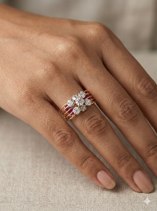 The Ruby-Accented Diamond Floral Ring
