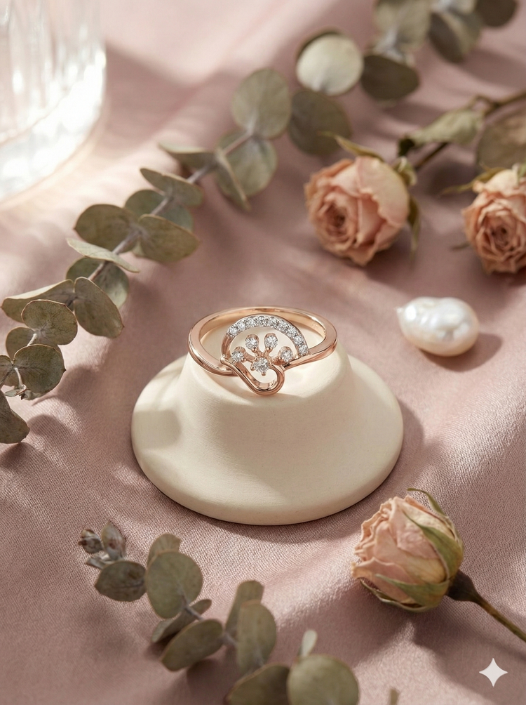 The Rose Gold Crescent Floral Diamond Ring