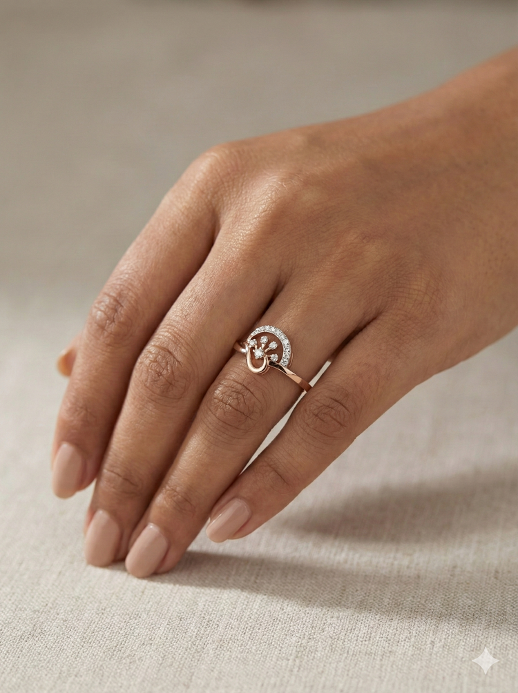 The Rose Gold Crescent Floral Diamond Ring