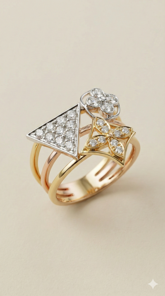 The Tri-Tone Geometric Floral Diamond Ring