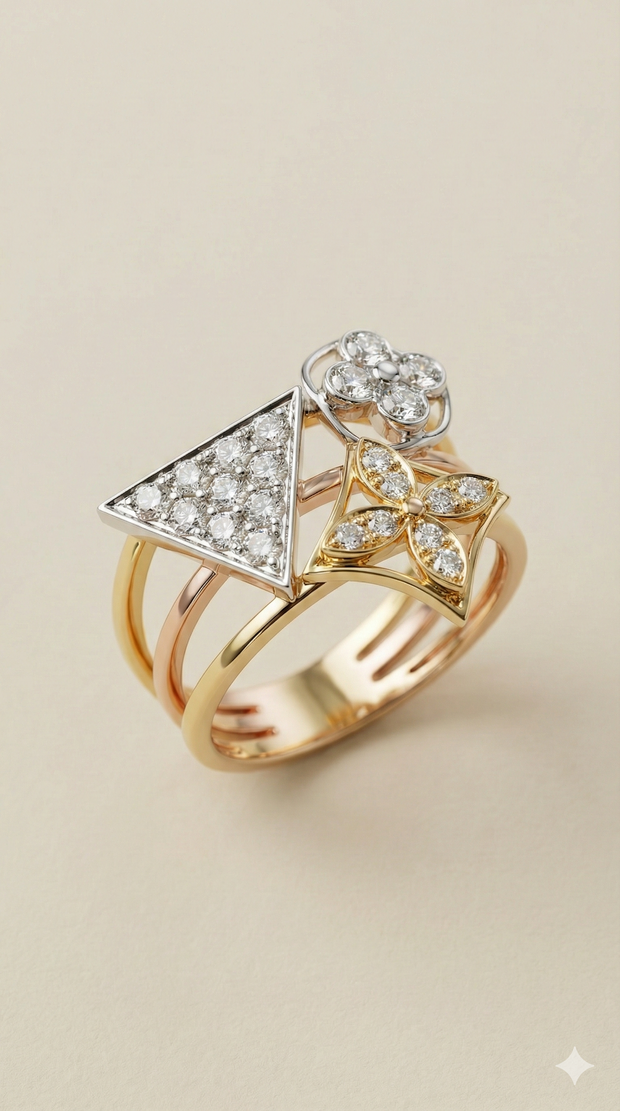 The Tri-Tone Geometric Floral Diamond Ring