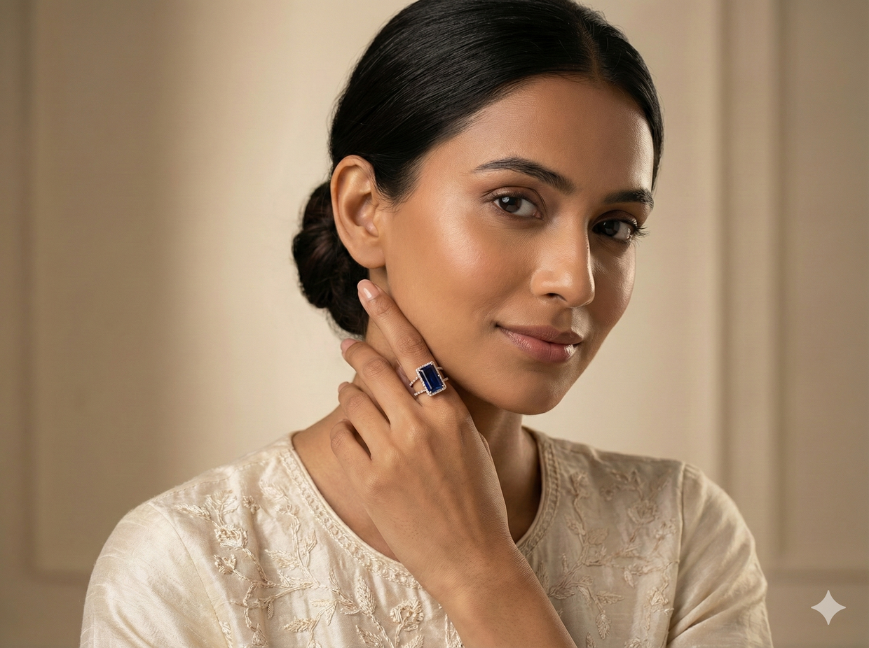 The Rose Gold Royal Blue Emerald Cut Halo Ring