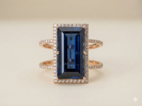 The Rose Gold Royal Blue Emerald Cut Halo Ring
