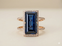 The Rose Gold Royal Blue Emerald Cut Halo Ring