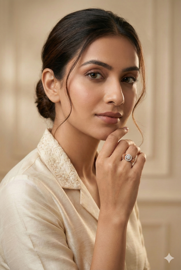 The Rose Gold Sculpted Floral Halo Diamond Ring