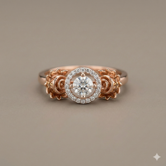 The Rose Gold Sculpted Floral Halo Diamond Ring