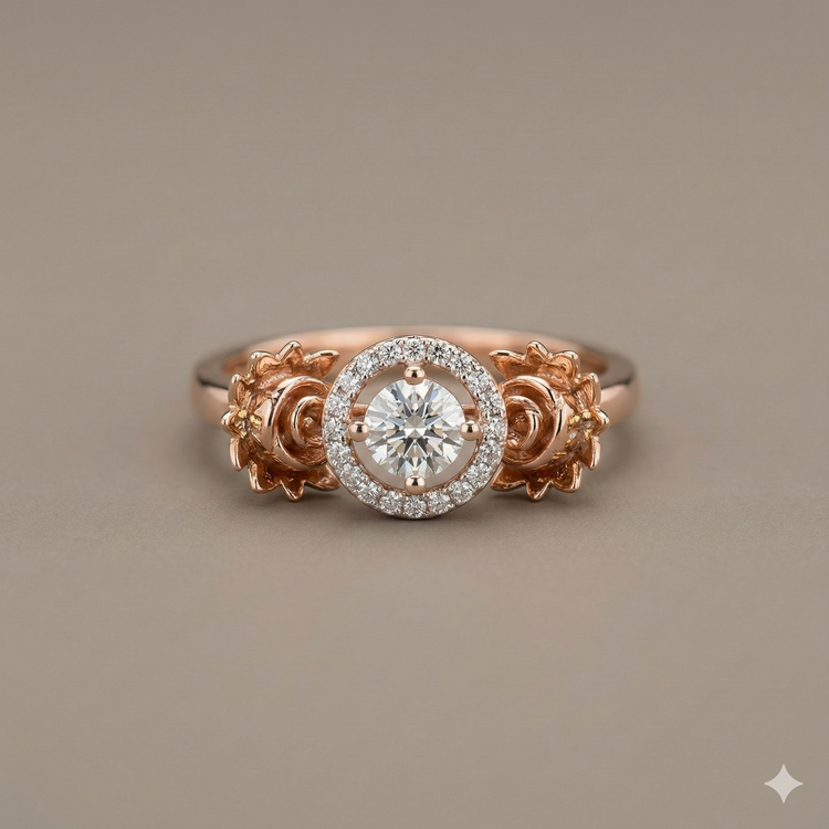 The Rose Gold Sculpted Floral Halo Diamond Ring