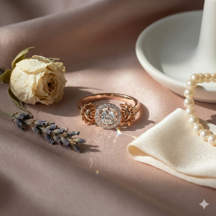 The Rose Gold Sculpted Floral Halo Diamond Ring