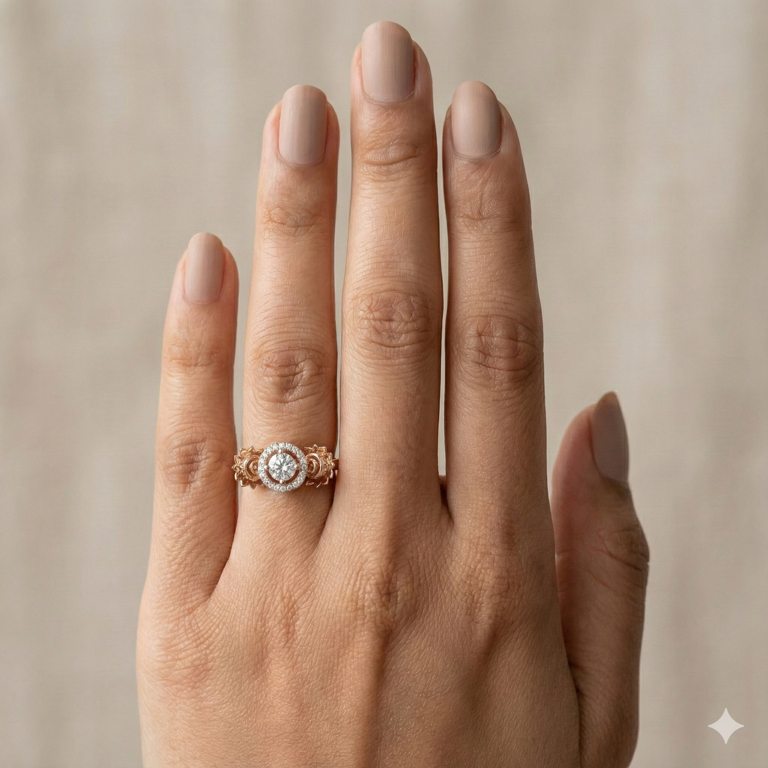 The Rose Gold Sculpted Floral Halo Diamond Ring