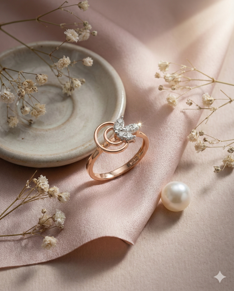 The Rose Gold Double Circle Leaf Diamond Ring