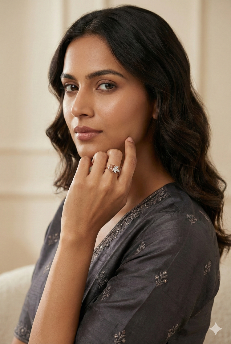 The Rose Gold Double Circle Leaf Diamond Ring