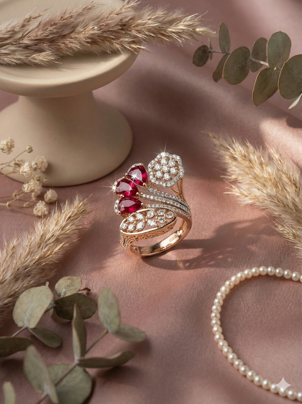 The Rose Gold Ruby & Diamond Floral Bouquet Ring