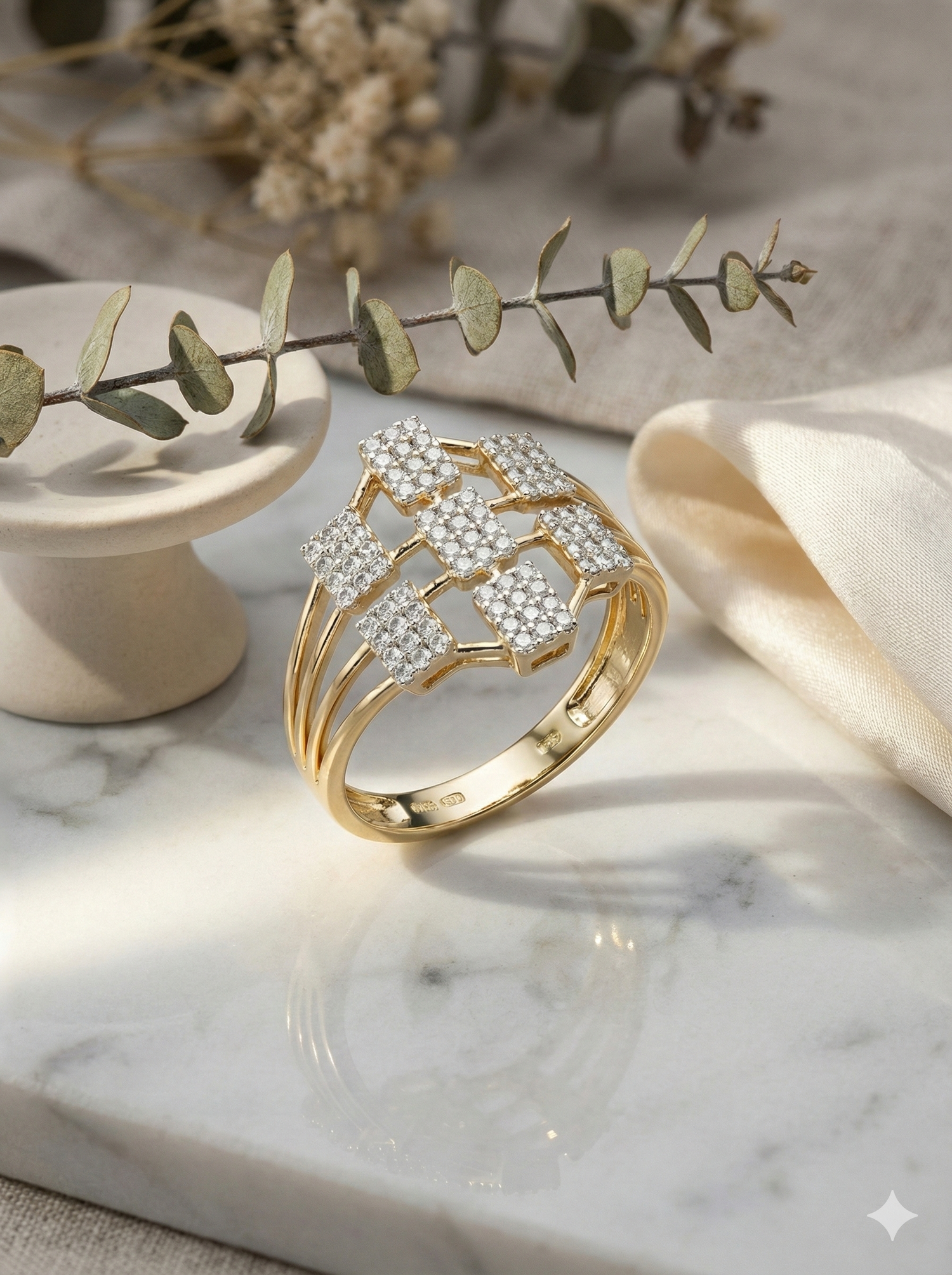 The Yellow Gold Geometric Diamond Lattice Ring