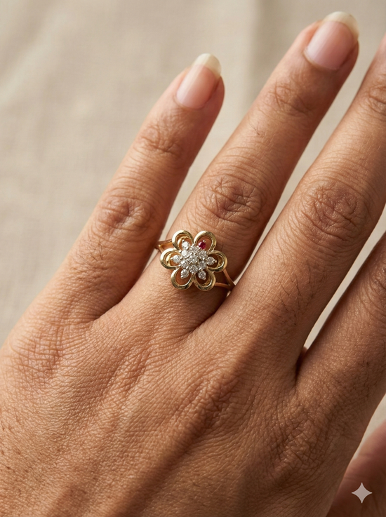 The Yellow Gold Diamond & Ruby Open Flower Ring