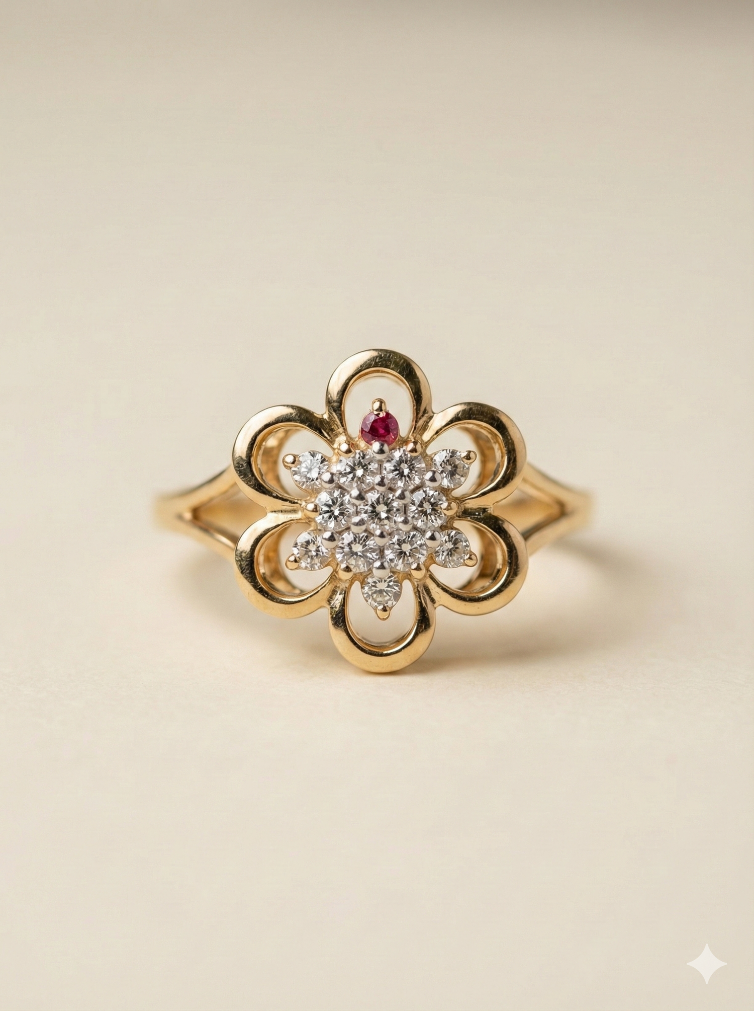 The Yellow Gold Diamond & Ruby Open Flower Ring