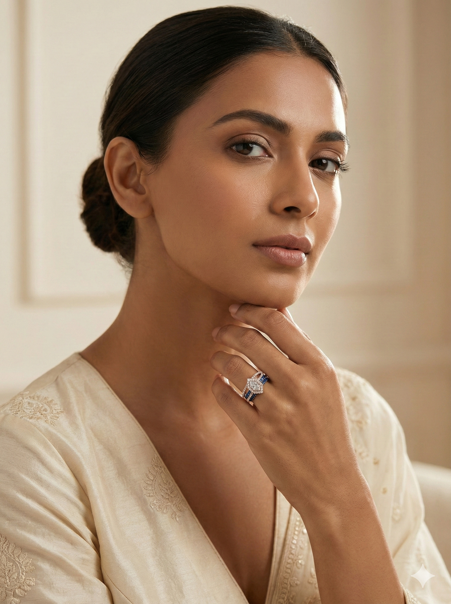 The Rose Gold Hexagon Diamond & Sapphire Split Shank Ring