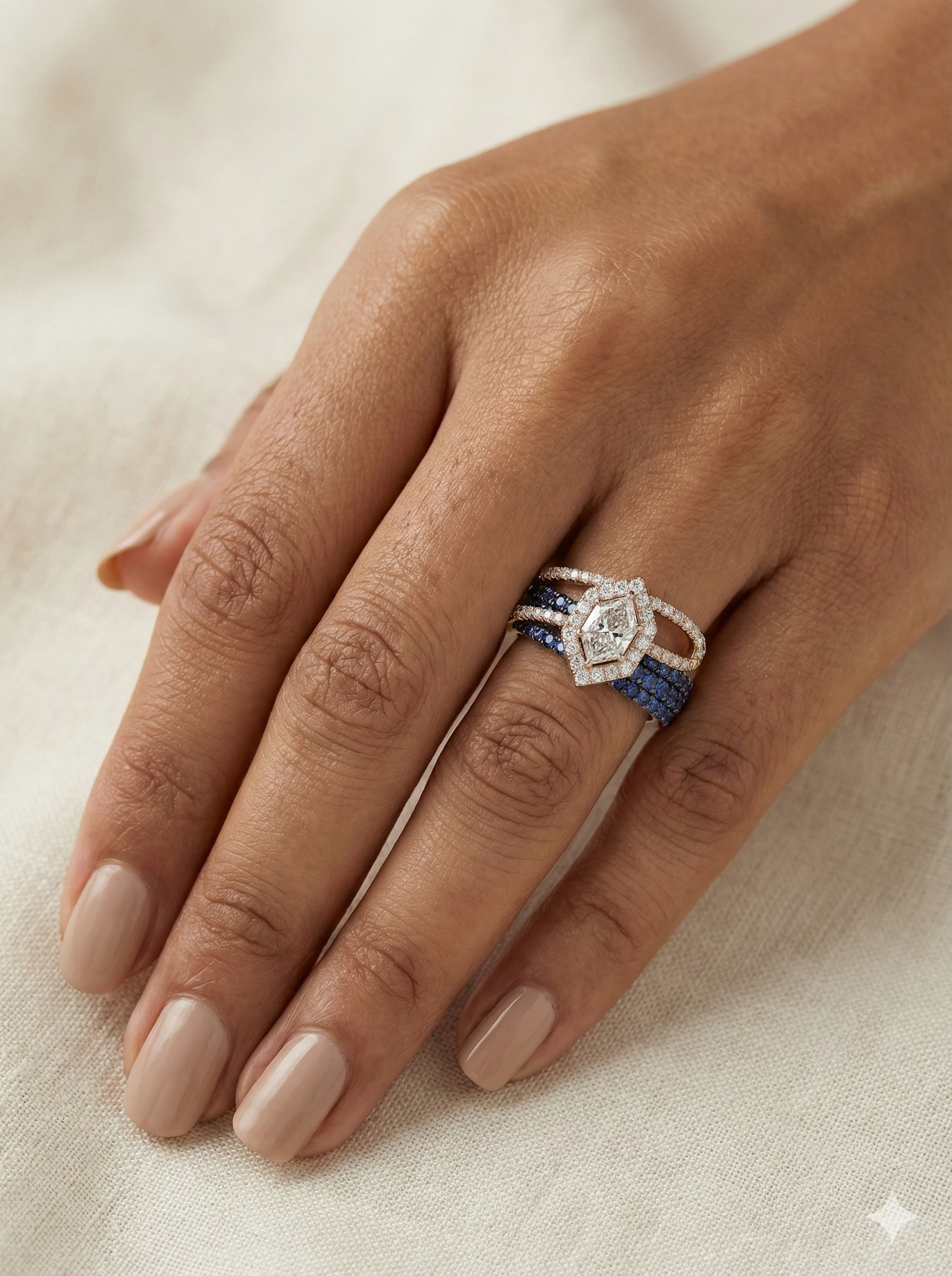 The Rose Gold Hexagon Diamond & Sapphire Split Shank Ring