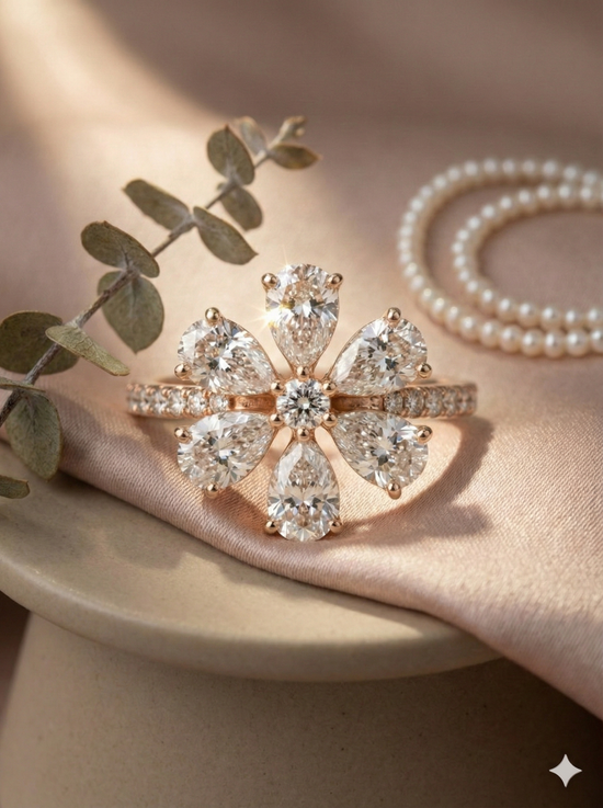 The Rose Gold Pear Diamond Floral Statement Ring