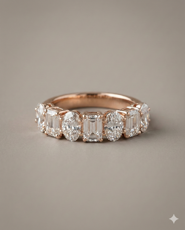 The Rose Gold Emerald & Oval Diamond Alternating Band