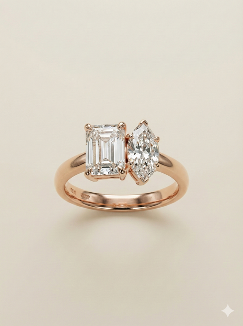 The Rose Gold Emerald & Marquise Diamond Toi et Moi Ring