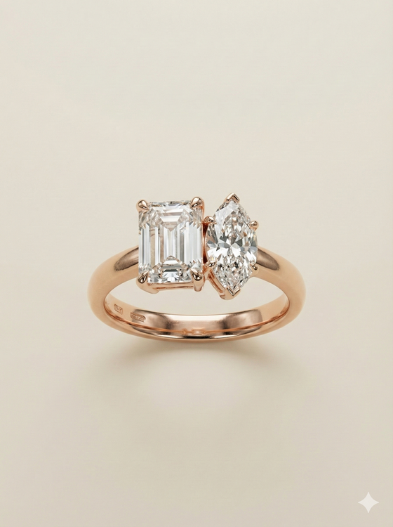 The Rose Gold Emerald & Marquise Diamond Toi et Moi Ring
