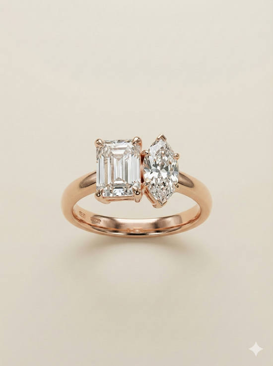 The Rose Gold Emerald & Marquise Diamond Toi et Moi Ring