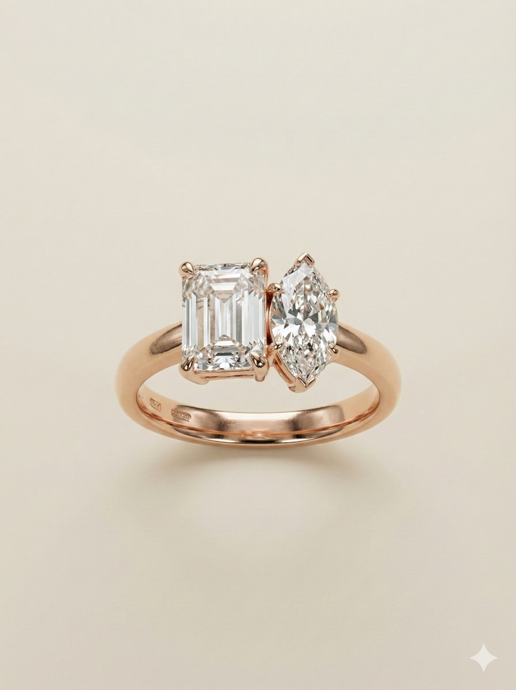 The Rose Gold Emerald & Marquise Diamond Toi et Moi Ring