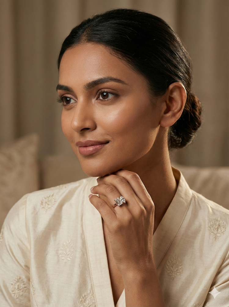 The Rose Gold Emerald & Marquise Diamond Toi et Moi Ring