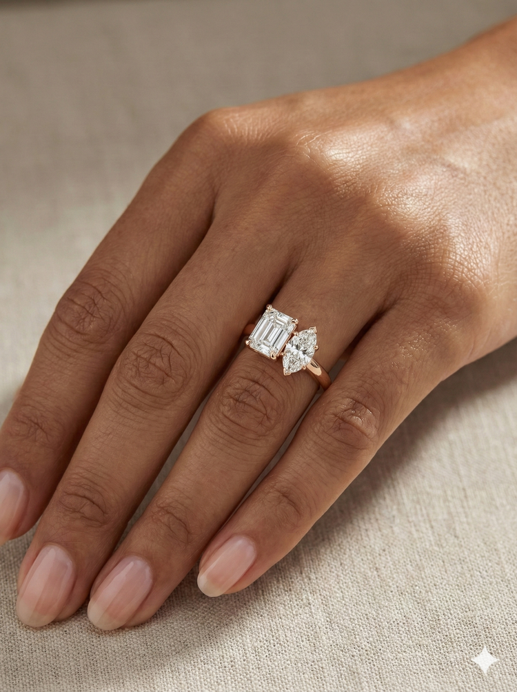 The Rose Gold Emerald & Marquise Diamond Toi et Moi Ring