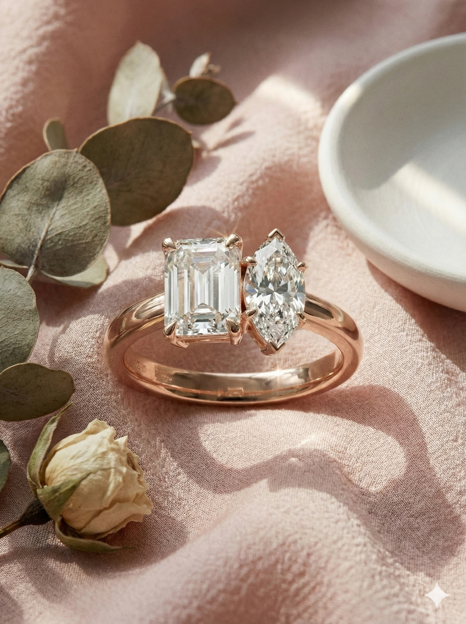 The Rose Gold Emerald & Marquise Diamond Toi et Moi Ring