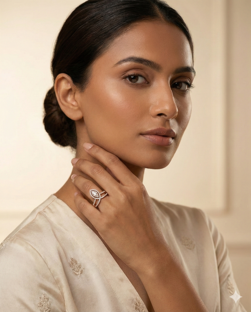 The Rose Gold Marquise Halo Split Band Diamond Ring