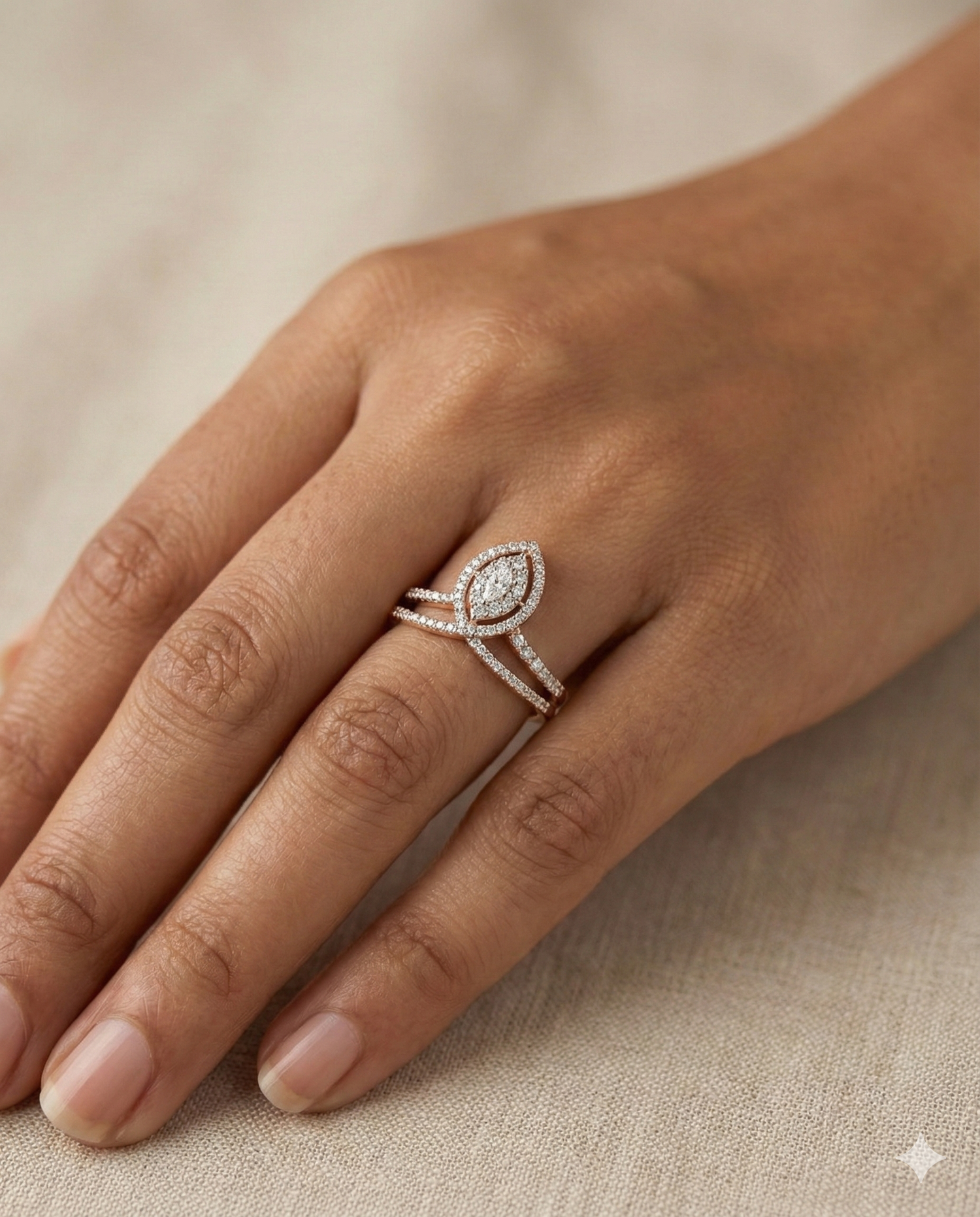 The Rose Gold Marquise Halo Split Band Diamond Ring