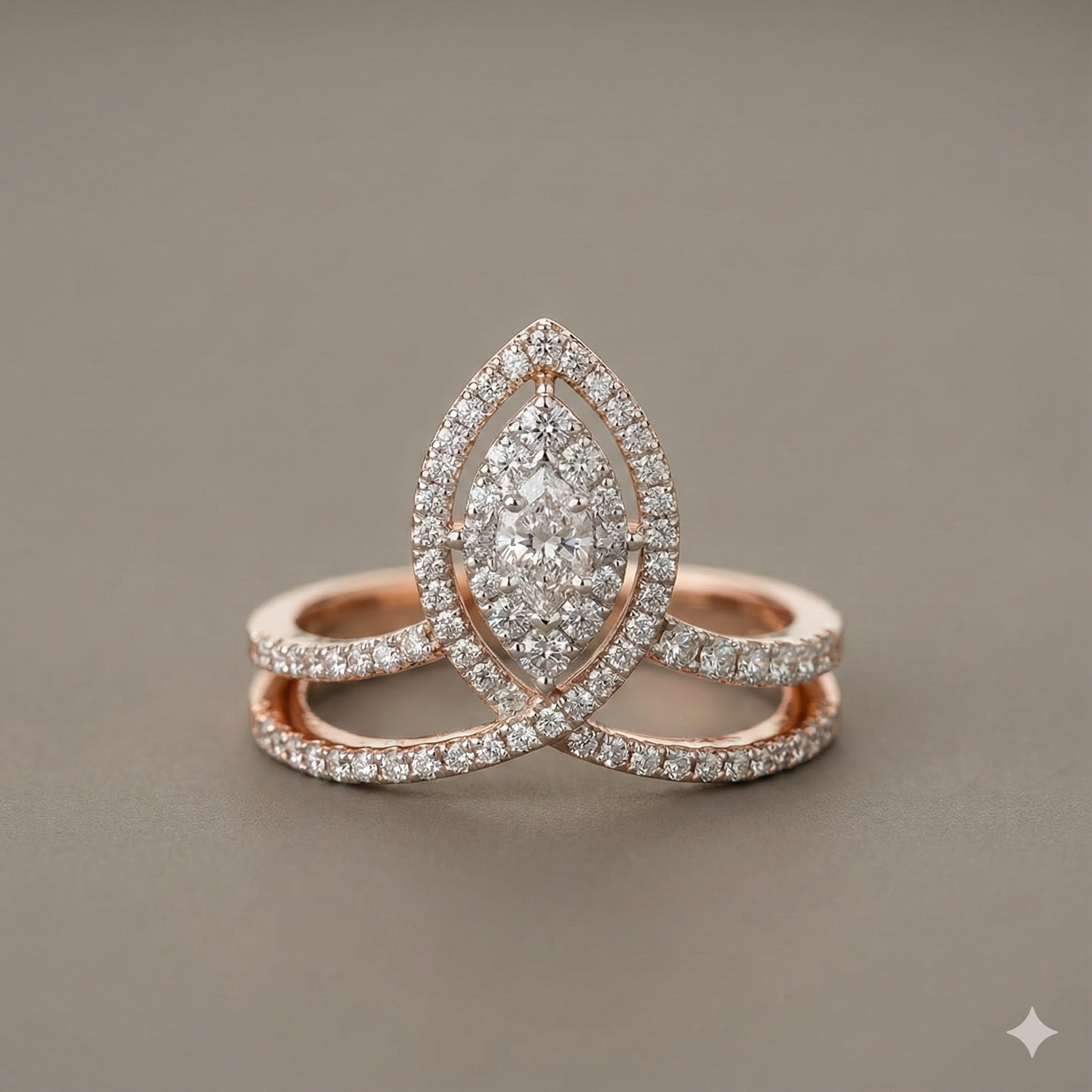 The Rose Gold Marquise Halo Split Band Diamond Ring