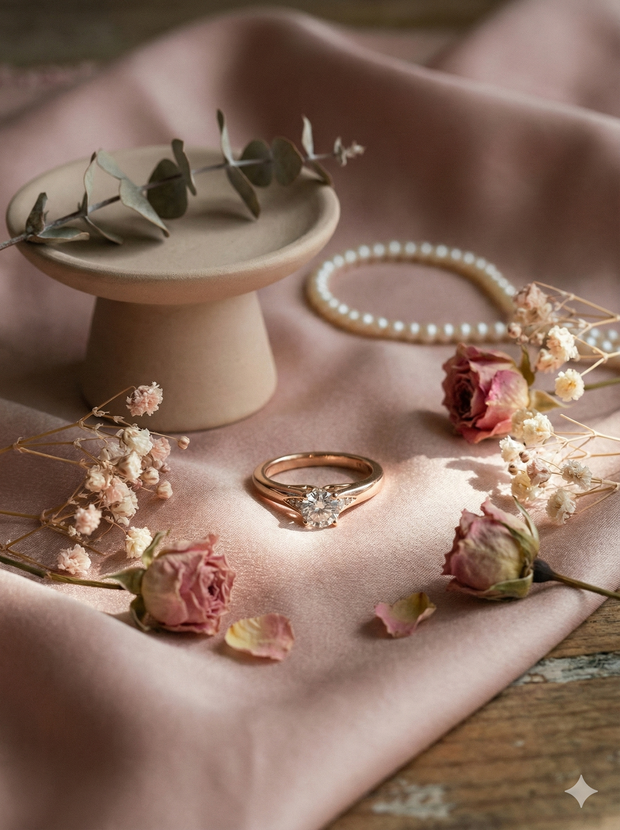 The Rose Gold Round Diamond Tapered Cathedral Ring