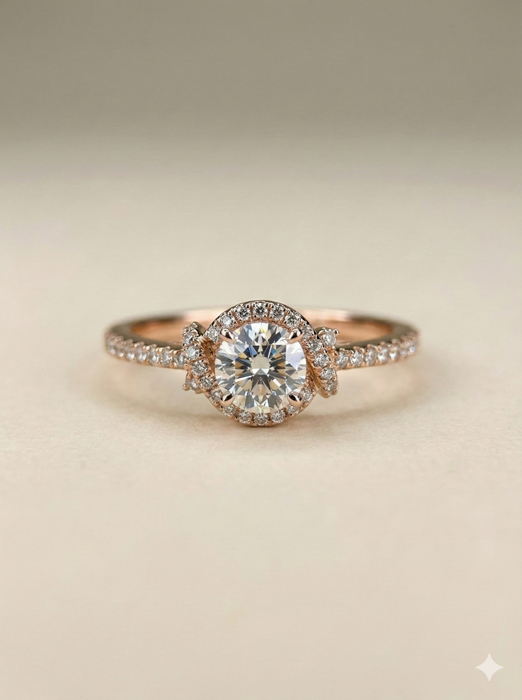 The Rose Gold Round Diamond Love Knot Halo Ring
