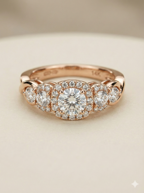 The Rose Gold Round Diamond Halo Graduated Five-Stone Ring