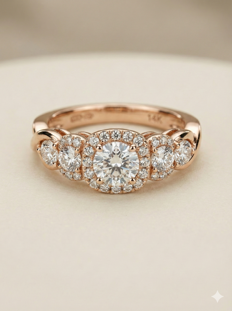 The Rose Gold Round Diamond Halo Graduated Five-Stone Ring