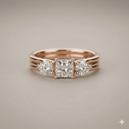 The Rose Gold Princess & Round Diamond Three-Stone Bridal Set