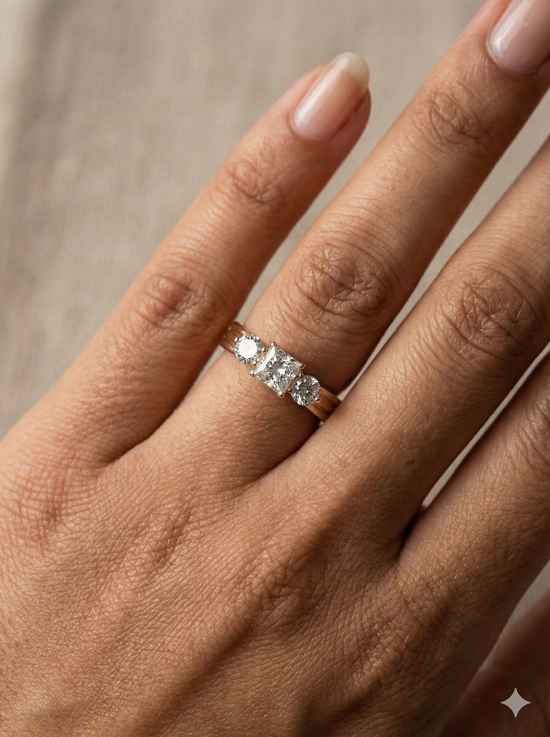 The Rose Gold Princess & Round Diamond Three-Stone Bridal Set