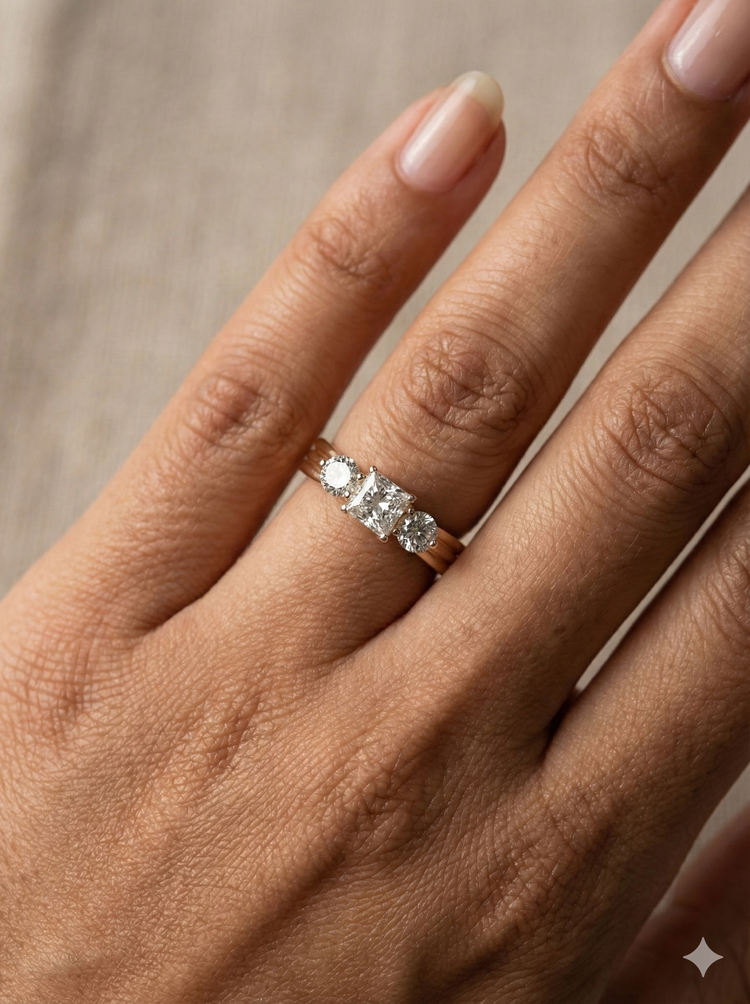 The Rose Gold Princess & Round Diamond Three-Stone Bridal Set
