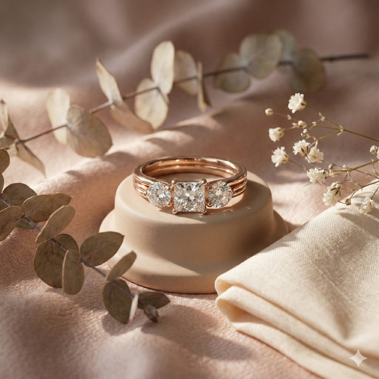 The Rose Gold Princess & Round Diamond Three-Stone Bridal Set